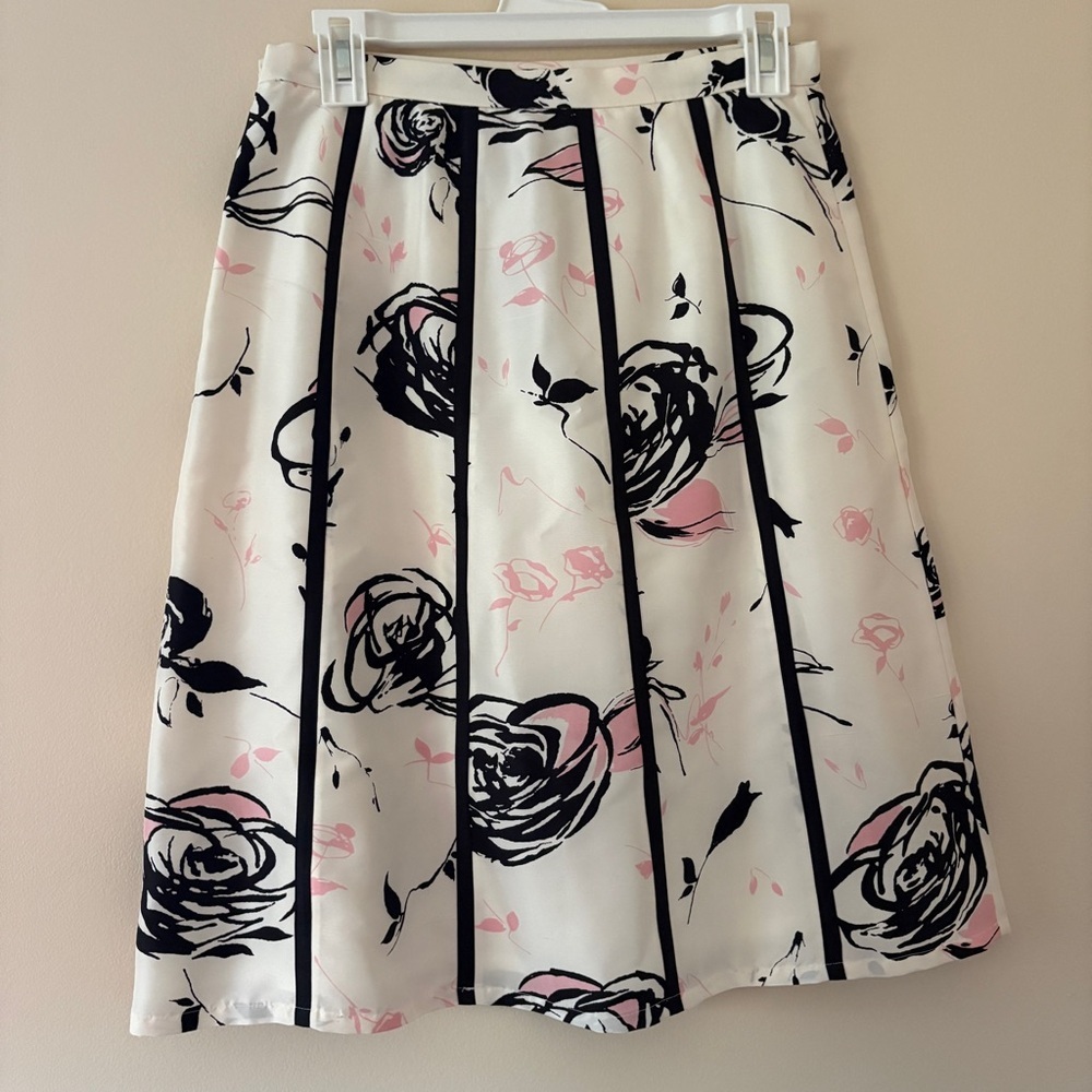 Grace Elements 100% Silk Floral Pleated A-Line Skirt Ivory Pink Black Size 6 - Picture 3 of 4